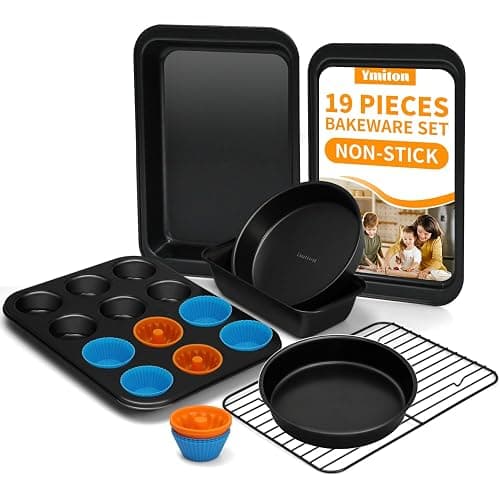 Ymiton Nonstick Bakeware Sets (7 Pcs Baking Sheet, Pans, Rack with 12 Cupcake Liners), Carbon Steel Body, Oven Safe Up to 450°F, Dishwasher Safe, Non Toxic Coating, Easy Release and Clean, Dark Gray - Image 1