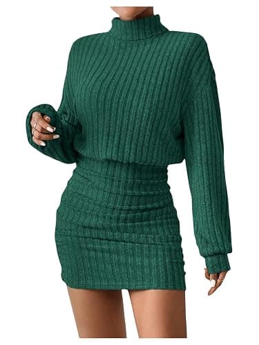 GORGLITTER Damen Pulloverkleid Stehkragen Freizeitkleid Rippstrick Winterkleid Kurzes Figurbetontes Kleid - M - Dunkelgrün - Image 1