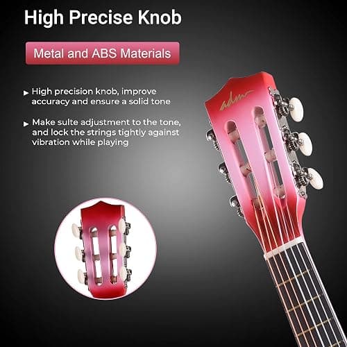 ADM Beginner Acoustic Classical Guitar 30 Inch Nylon Strings Wooden Guitar Bundle Kit for Kid Boy Girl Student Youth Guitarra Online Lessons with Gig Bag, Strap, Tuner, Extra Strings, Picks,Pink 1 - 30 Inch - Hot Pink thumbnail 4