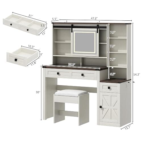 jiteentarou Farmhouse 47" Large Makeup Vanity Desk with Glass Tabletop, White Vanity with Sliding Mirror and Lights, Vanity Set with Stool & Charging Station, 3 Colors Lights, Ample Storage thumbnail 2