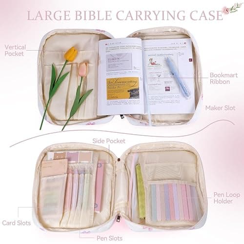 Bible Cover Case for Women, Large Quilted Bible Carrying Case with Handles, Bible Study Supplies & Accessories Christian Gifts for Women(Pink Bow) thumbnail 3