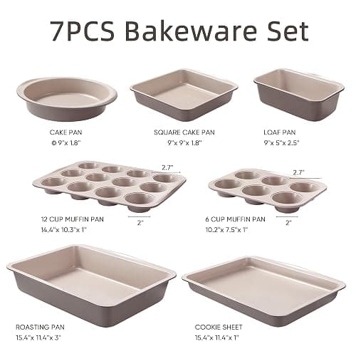 CAROTE 7-Piece Nonstick Stackable Baking Pans Set - Bakeware Sets Including Cookie Sheets for Baking, Muffin Pan, Bread Pan, Cake pan, Loaf Pan, Roasting Pan, Gray & Khaki thumbnail 3