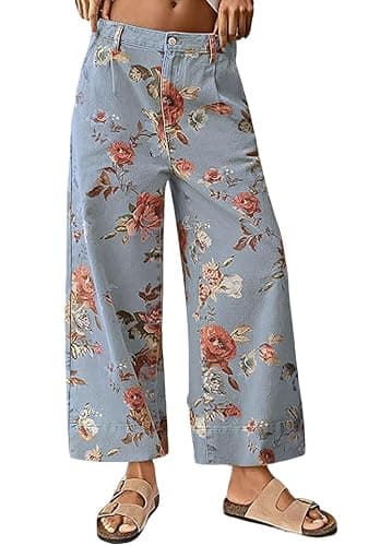 loveimgs Women Mid Rise Cropped Wide Leg Jeans Baggy Floral Ankle Pants Denim Capris Flare Print Boho Palazzo Jeans Boyfriend - Image 1