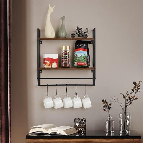 Bathroom Towel Rack 2 Tier Wall Shelf with Towel Bar, Rustic Towel Rack with Shelf for Wall Storage Shelves with Hooks Over Toilet Shelf Wall Mounted Towel Holder Shelf Floating Shelves for Home Brown thumbnail 7