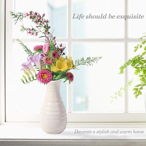 Unbreakable Vase for Flowers, Ceramic Look Plastic Vase for Home Decor, Living Room, Table (Seashell White) thumbnail 5