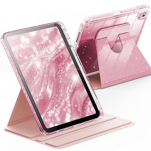 INFILAND Case for iPad A16 11-inch 11th Generation, iPad 10th Generation Case 10.9 Inch for Kids, Girls, 360 Rotating Cute Glitter Cover with Crystal Clear Back, Pencil Holder (Pink) - Image 1