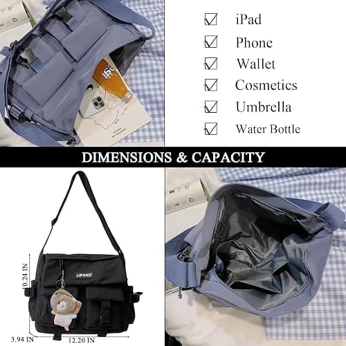 JQAliMOVV Nylon Messenger Bag Aesthetic Kawaii Bags with Doll Pendent Cute Japanese Messenger Bag for School thumbnail 4