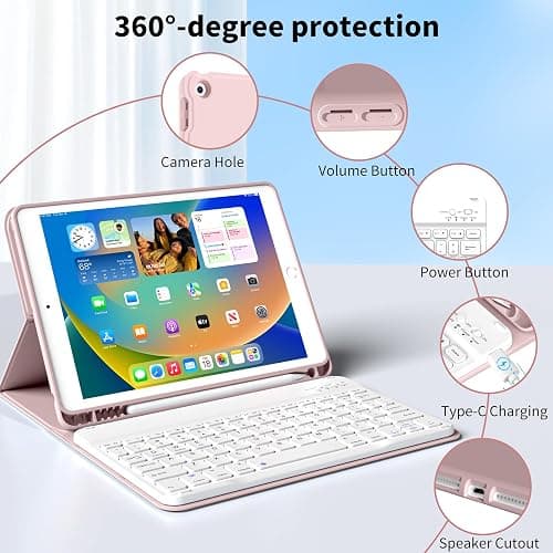 KenKe for iPad 9th Generation 2021 / for iPad 8th Gen 2020 / for iPad 7th Gen 2019 10.2 Keyboard Case with Built-in Pencil Holder, Detachable Wireless Bluetooth Keyboard Cover 10.2 inch Case, Pink thumbnail 2