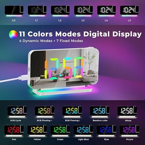 Poeroa Projection Clock, 7.4" LED Mirror Digital Alarm Clocks, with RGB Night Light, 180° Rotatable Projector,USB C Charger Port, Auto Dimmer, Modern Desk Clock for Teens Girl Adults Bedroom - White thumbnail 2