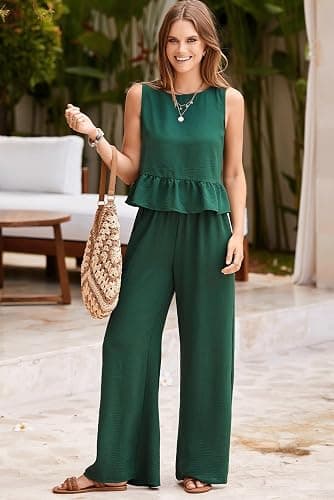 Dokotoo Pants Sets Women 2 Piece Outfits Sleeveless Round Neck Tank Tops Matching Sets for Women Elastic Waist Wide Leg thumbnail 4