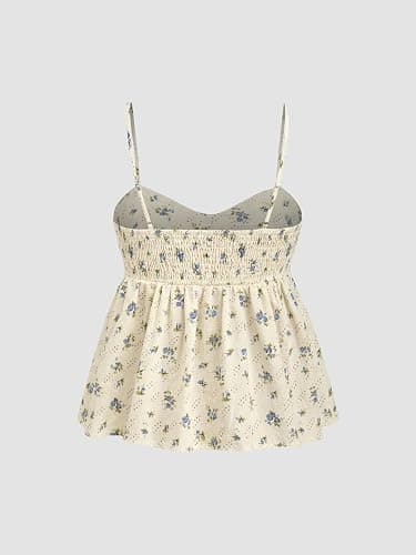 CIDER Floral Print Tie Sweetheart Neck Ruffle Hem Shirred Cami Top Sleeveless Casual Cute Women's Tops thumbnail 5