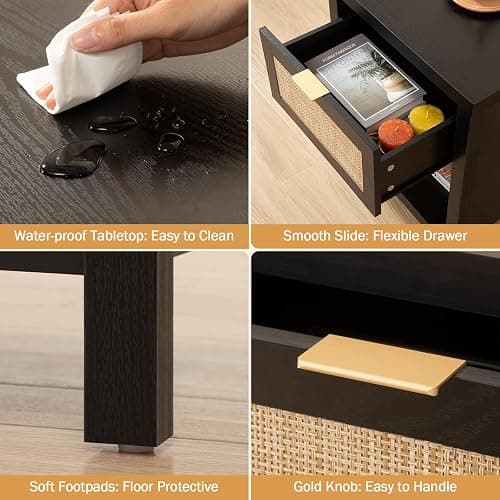SICOTAS Rattan Night Stands Set of 2, Farmhouse Nightstand Bedside Table with Drawer and Storage Shelf, Boho End Side Table for Bedroom, Small Space, Black Oak thumbnail 5