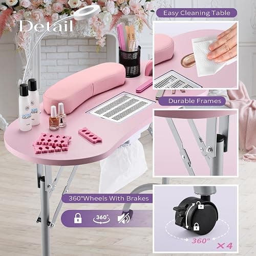 Faquenc Manicure Table with Nail Dust Collector, Portable Nail Table Rolling Nail Desk Nail Tech Travel Nail Station Foldable Professional Nail Salon Table with Cacuum,Arm Rest,Lockable Wheel,Bag,Pink thumbnail 7