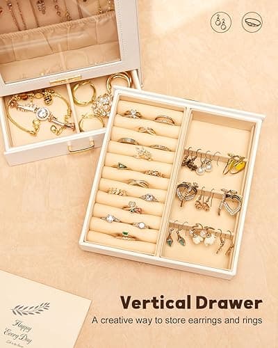 Homde Jewelry Organizer Girls Women Jewelry Box for Necklaces Rings Earrings Gift Bracelets Storage Case (White + Gold) - White + Gold thumbnail 8