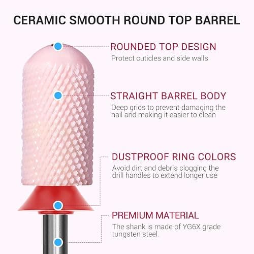 MelodySusie Ceramic Nail Drill Bit, 3/32'' Smooth Round Top Large Barrel Bits, Suitable for Manicure Pedicure Cuticle Gel Polishing, Beginners Bits, Pink, Series Bit-S, Fine thumbnail 3