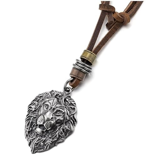 COOLSTEELANDBEYOND Lion Head Pendant Necklace for Men, Vintage Carved Design on Leather Cord Tribal Warrior Jungle King - Image 1