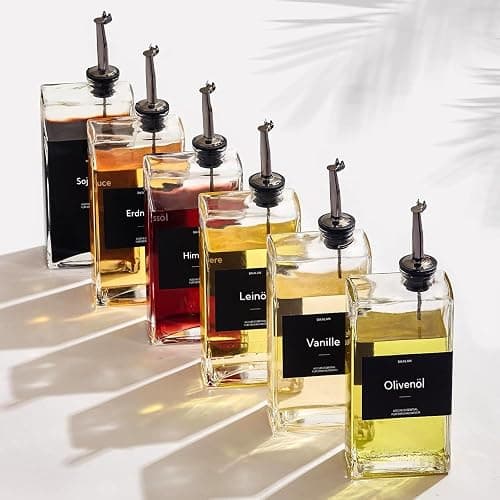 BIKALAN Ölflasche mit Ausgießer, Kaffee Sirup Spender Glas Set, Olivenöl Flasche Set, 500ML Ölspender Glas, Oil Dispenser Sirup Pumpspender mit 40 Aufkleber, Trichter (Schwarz, 500 Milliliter) thumbnail 8