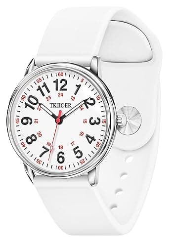 TKIIOER Nurse Watch for Nurse Medical Professionals Students Women Men, 50M Waterproof 12/24 Hour Military Time Luminous Easy Read Dial, Second Hand Watch for Nursing - White