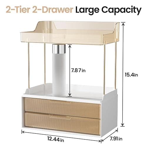 Delamu 4-Tier Makeup Organizer, Bathroom Counter Storage, 2 Drawers, Amber | Elegant Vanity Organizer Gift for Women, Holds Perfume, Skincare, Nail Polish & Hair Accessories for Bathroom Countertop thumbnail 2