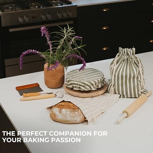 KIBAGA Beautiful Linen Bread Bag Set and Proofing Cover For Homemade Sourdough Bread - Keeps Your Loaf Fresh for Days - Reusable and Easy to Clean Storage Bag, The Perfect Baking Accessories thumbnail 8