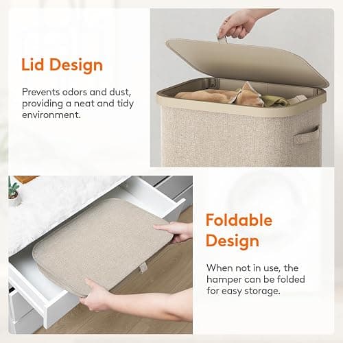 Lifewit 105L Laundry Basket with Lid, Large Laundry Hamper with Plastic Handles and Removable Bag, Foldable Tall Dirty Clothes Hampers for Laundry for Laundry Room, Bedroom, Bathroom, Dorm, Beige thumbnail 6
