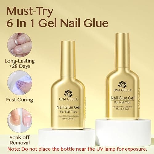 UNA GELLA 6 in 1 Gel Nail Glue for Clear Nail Tips, 2Pcs 15ml U V Nail Glue | Super Strong Long Lasting Brush On for Clear False Nail Tips, X-Soft Gel Nails Lamp Curing Required thumbnail 2