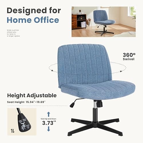 DUMOS Criss Cross Legged Chair Wide Comfy Home Office Desk Seat, No Wheels Armless Computer Task Seating, Swivel Vanity Chair Height Adjustable for Makeup Bedroom, Fabric Blue thumbnail 5