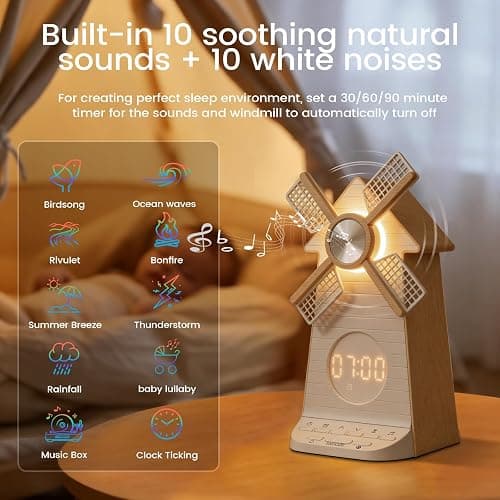 Sunrise Alarm Clock with Rotating Windmill, Easy Snooze Wake Up Light, 10 Natural Sounds & 10 White Noises, 4-Level Dimmer Bedside Night Light with 30/60/90 Min Timers, Sleep Aid Gift for Adults/Kids thumbnail 5