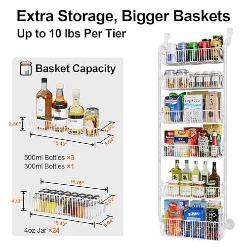 Delamu Large Over the Door Pantry Organizer, 6-Tier Metal Pantry Door Organization and Storage for Easy Install, Hanging Spice Rack Seasoning Shelves for Cabinet & Kitchen, D6.7xW17.5xH53.7 in, White thumbnail 4