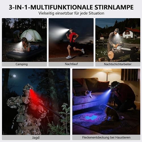 ET Stirnlampe Led Wiederaufladbar mit Weißem/Rotlicht/UV Licht/Schwarzlicht, Extrem Hell Kopflampe mit Batteriebetrieb, 16 Modi, Stirnlampe Wasserdicht für Schutzhelme, Jagd, Erkennung von Tierurin thumbnail 3