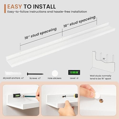 Dreamland Picture Ledge Shelf for Wall, Floating Shelves Set of 2, 48 Inch Long Floating Shelves with Lip for Living Room, Bedroom, Bathroom, Kitchen, White thumbnail 4