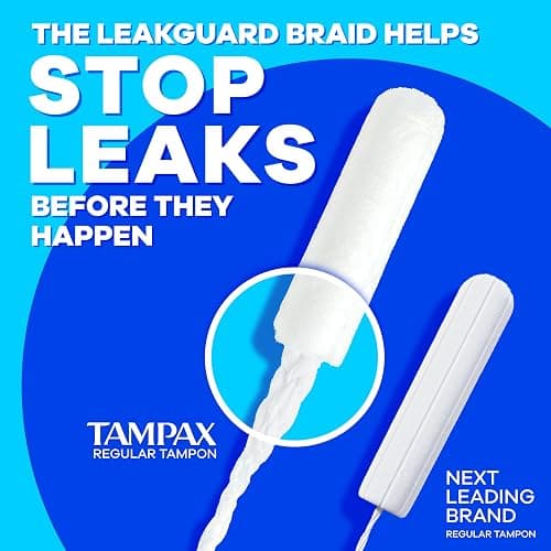 Tampax Pearl Tampons Regular Absorbency, with Leakguard Braid, Unscented, 50 Count x 2 Packs (100 Count Total) (Packaging May Vary) thumbnail 6