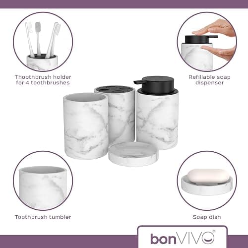 bonVIVO Bathroom Accessories Set – 4-Piece Marble Look Bathroom Set with Soap Dish, Dispenser Pump, Toothbrush Holder & Tumbler – Luxury Bathroom Accessory Set Black/Marble Finish thumbnail 4