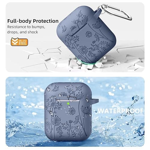 Lerobo Flower Engraved Case for AirPods Case Cover, Stylish Soft Silicone Protector with Keychain, Compatible with Apple AirPods 1st/2nd Generation Charging Case, Front LED Visible, Blue Gray thumbnail 3
