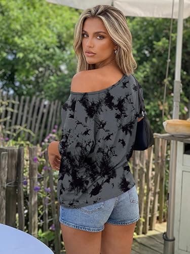 Trendy Queen Womens Off the Shoulder Tops Oversized T-Shirts Short Sleeve Tees Summer 2026 Casual Spring Clothes thumbnail 5