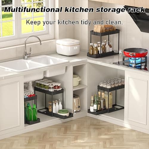 Meltrck Küchen Organizer - 2 Stück Unter Waschbecken Regal Organizer - Ausziehbares Lagerregal Organizer mit 16 Haken,Schwar thumbnail 9
