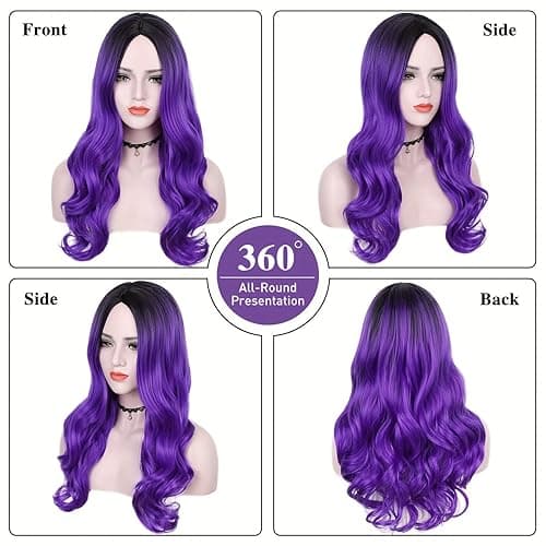 Maripabon Purple Ombre Long Wavy Wig Middle Part Mixed Black and Purple Ombre Wig for Women 29.5 Inch Mermaid Colorful Wigs Heat Resistant Synthetic Wigs for Daily Cosplay Party - Ombre Purple thumbnail 7