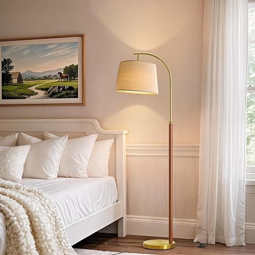 G-SAFAVA 62.5" Wood Floor Lamp for Living Room Gold with Foot Switch Arc Standing Tall Lamps for Bedroom Mid Century Modern Corner Floor Lamps for Office Nursery Industrial Reading Light Room Lamp thumbnail 7