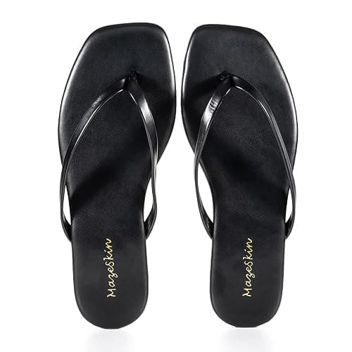 mazeskin Womens Memory Foam Flip Flops Leather Flat Sandals | Vegan Leather Square Toe Cushion Summer Casual Comfortable Slim Thong Beach Slide Shoes Non Slip thumbnail 4