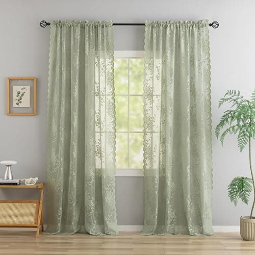 Light Sage Lace Green Curtains 63 Inch Length for Bedroom 2 Panels Country Peony Flower Sheer Farmhouse Window Panels for Living Room Dining Room Easter Decor 1 Pair Set W52 X L63 Light Green thumbnail 2