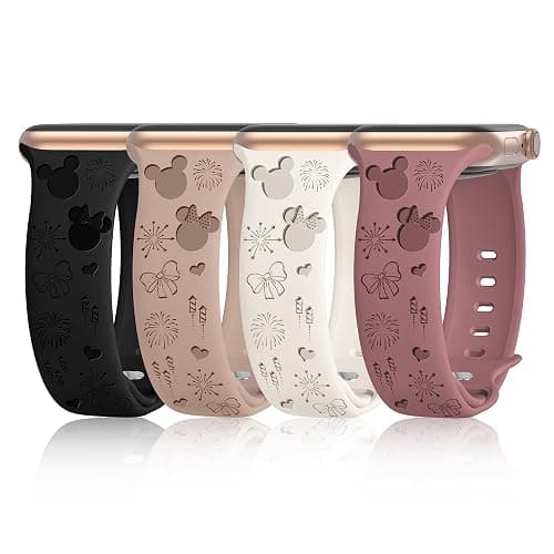 4 PACK Engraved Silicone Bands Compatible with Apple Watch Band 40mm 38mm 41mm 42mm 44mm 45mm 46mm 49mm Women Breathable Soft Cute Sport Replacement Strap for iWatch SE Series 11 10 9 8 7 6 5 4 3 2 1 (Black/Milk Tea/Starlight/Violet Smoke, 38/40/41/42mm(Series 11 10)) - Image 1