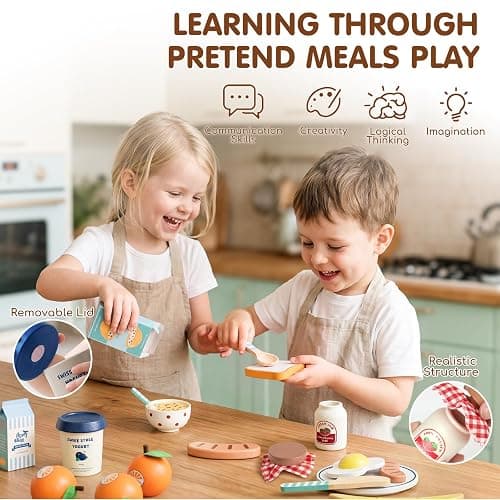 Lehoo Castle Wooden Play Food Set - Montessori Cutting Fruit Egg Bread, Pretend Breakfast Food Toys for Kids Kitchen, Educational Toddler Toys 3-5 Years, with Storage Bag, Birthday Gift for Boys Girls thumbnail 2