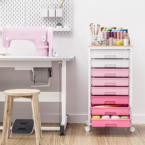 Rolling Cart with Drawers, Pink Cart with 8 Plastic Drawer Storage and Wooden Tabletop, Craft Storage, Teacher Cart, Storage Cart on Wheels, Rose Pink thumbnail 9
