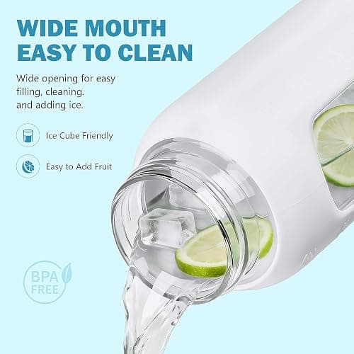 NOLOGLAZIC 32 oz Glass Water Bottle with Straw – 2 Lids (Bamboo & Spout Lid), 1L Motivational Borosilicate Glass Daily Water Intake Bottle with Time Marker, Silicone Sleeve for Home Office-White thumbnail 4