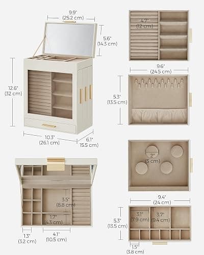 SONGMICS Jewelry Box with Glass Window, 5-Layer Jewelry Organizer with 3 Side Drawers, Jewelry Storage, with Big Mirror, Modern, 6.1 x 10.3 x 12.6 Inches, Cloud White and Metallic Gold UJBC162W01 thumbnail 3
