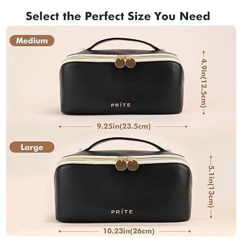 Prite Makeup Bag for Women Travel Waterproof Vegan Leather Cosmetic Bag Open Flat Toiletry Bag With Clear Divider and Handle (Black) - Black - Medium thumbnail 3