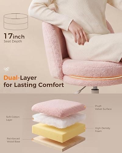 GTPLAYER Velvet Tall Office Chair with Wheels Vanity Chairs with Back, Versatile Height Use: Office to Bar Stools Small Ergonomic Comfy Armlees Computer Desk Chair with Bow Lumbar Pillow for Gift thumbnail 4
