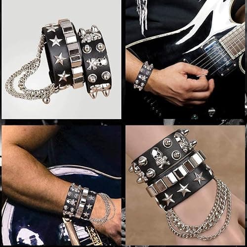 NPENGHUI 2-Piece Punk Rock Bracelet Set Studded Leather Cuff Bracelets with Metal Skull Adjustable Wrap Wrist Cuffs Vintage 80s Emo Goth Jewelry Accessories for Halloween Concerts and Festival Outfit thumbnail 3