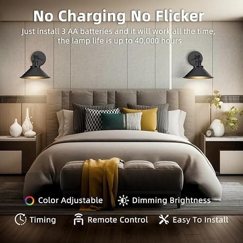 ZornLots Battery Operated Wall Sconce Set of 2,Vintage Wireless Wall Sconces with Remote,Dimmable Led Wall Lights,Wall Lamp Fixture Indoor Bedroom Living Room Kitchen,LED Bulbs Included,Black thumbnail 4