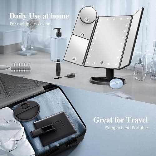 HUONUL 2X/3X/10X Magnifying Vanity Mirror with Light, Trifold Makeup Mirror | Touch Dimming, Dual Power, Clear View for Makeup, Skincare. Dorm Room Essentials. Birthday Gifts for Women, Mom, Wife, Girls thumbnail 4